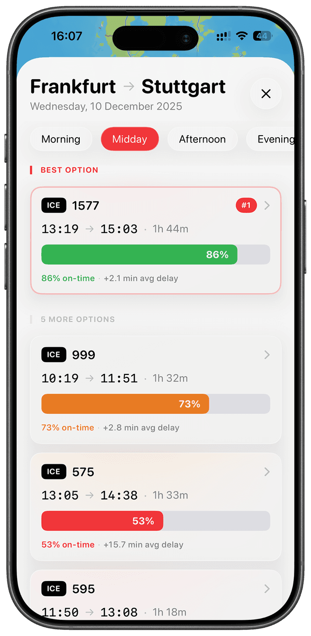 Railwise app showing train reliability