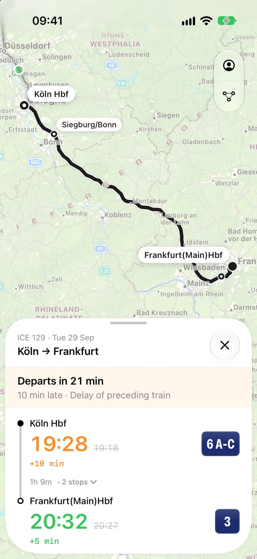 Cologne → Frankfurt journey with its route on the map and live times