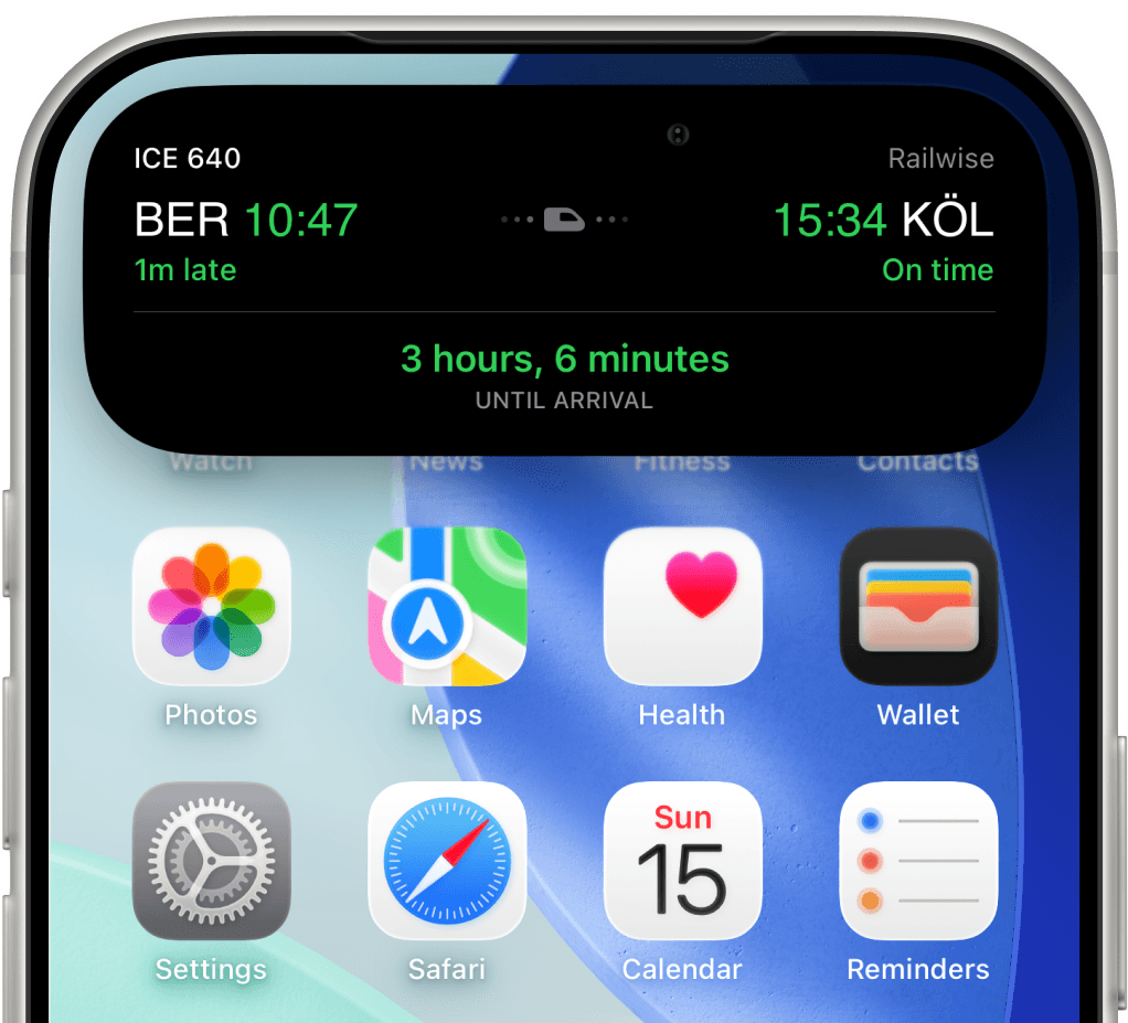 Ausgeklappte Railwise Live-Aktivität auf dem Home-Bildschirm